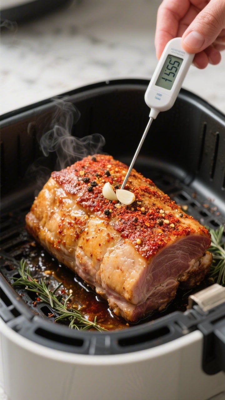 Cooking process, close-up detail: Golden-browned pork loin roast in an air fryer basket, fat cap up,