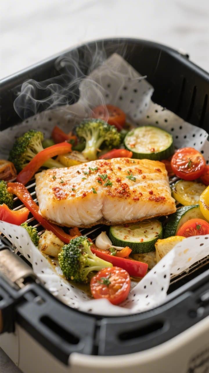 Cooking process, close-up detail: Golden, flaky cod fillets nestled over mixed roasted veggies insid