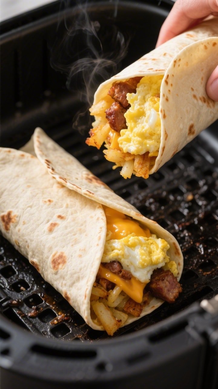 Cooking process, close-up detail: Seam-side-down breakfast burritos crisping in an air fryer basket 