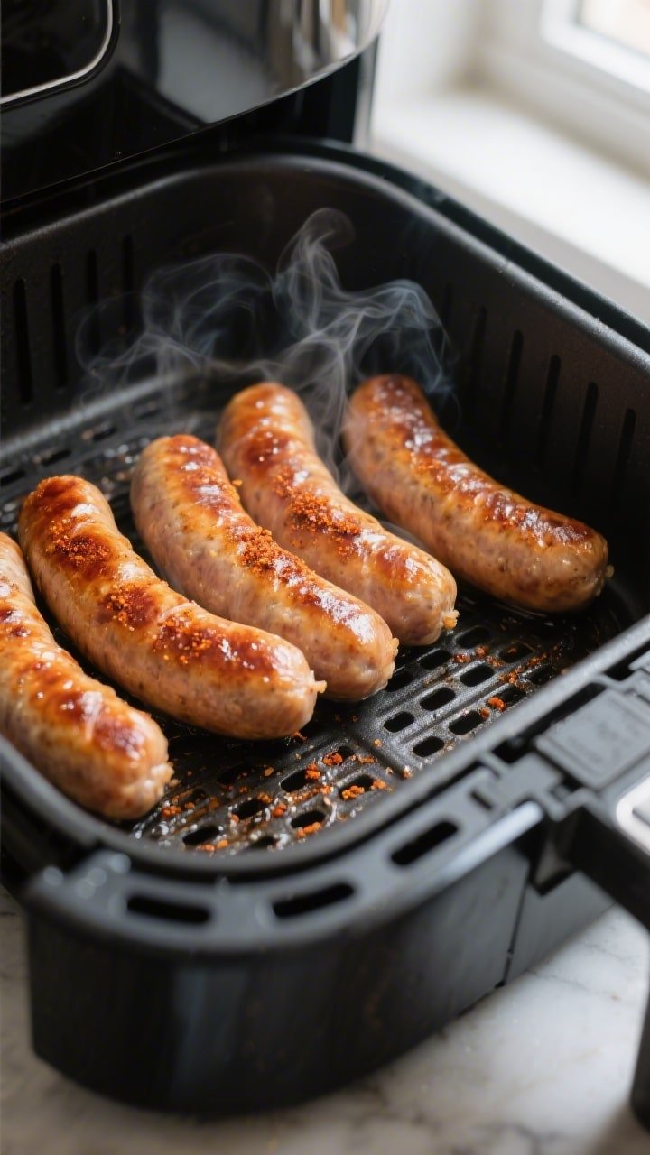 Cooking process close-up: Frozen breakfast sausage links sizzling in an air fryer basket at 375°F,