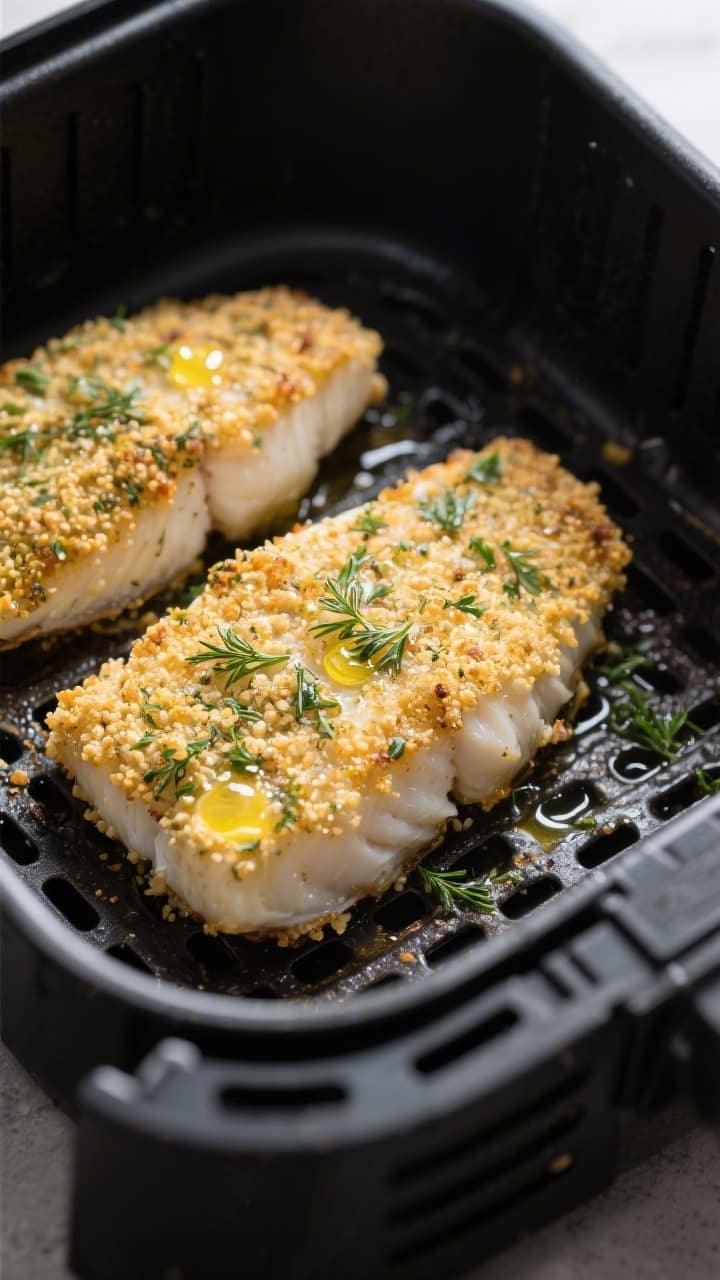 Cooking process close-up: Herb-crusted cod fillets in an air fryer basket, crumb-side up, mid-cook a