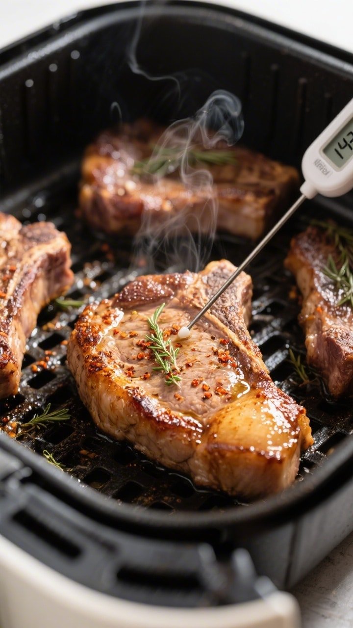 Cooking process close-up: Juicy air-fried pork chops in a preheated 400°F air fryer basket, mid-coo