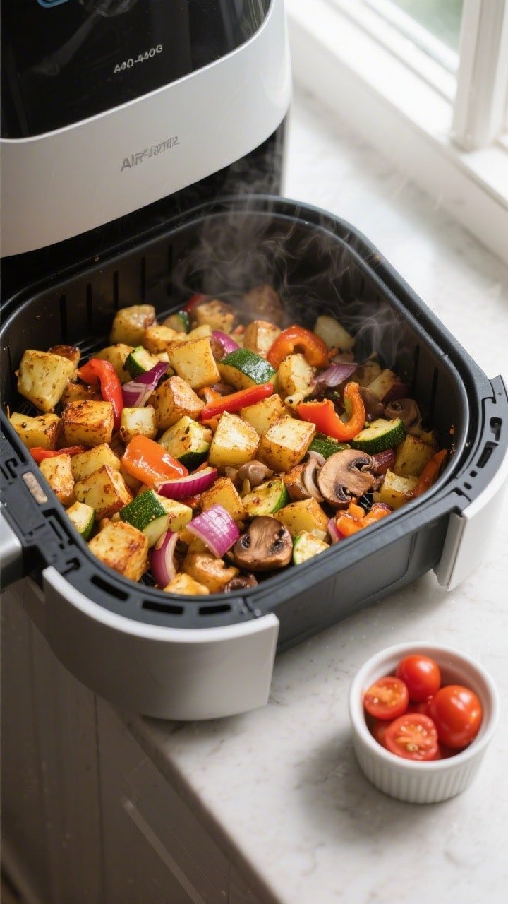 Cooking process, overhead: Air fryer basket at 390–400°F filled with a single, mostly even layer 