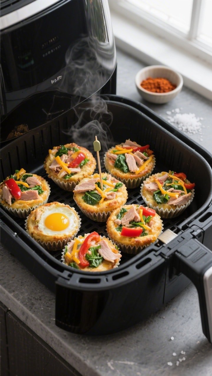 Cooking process, overhead: Air fryer basket open with a neat grid of silicone muffin cups holding pu