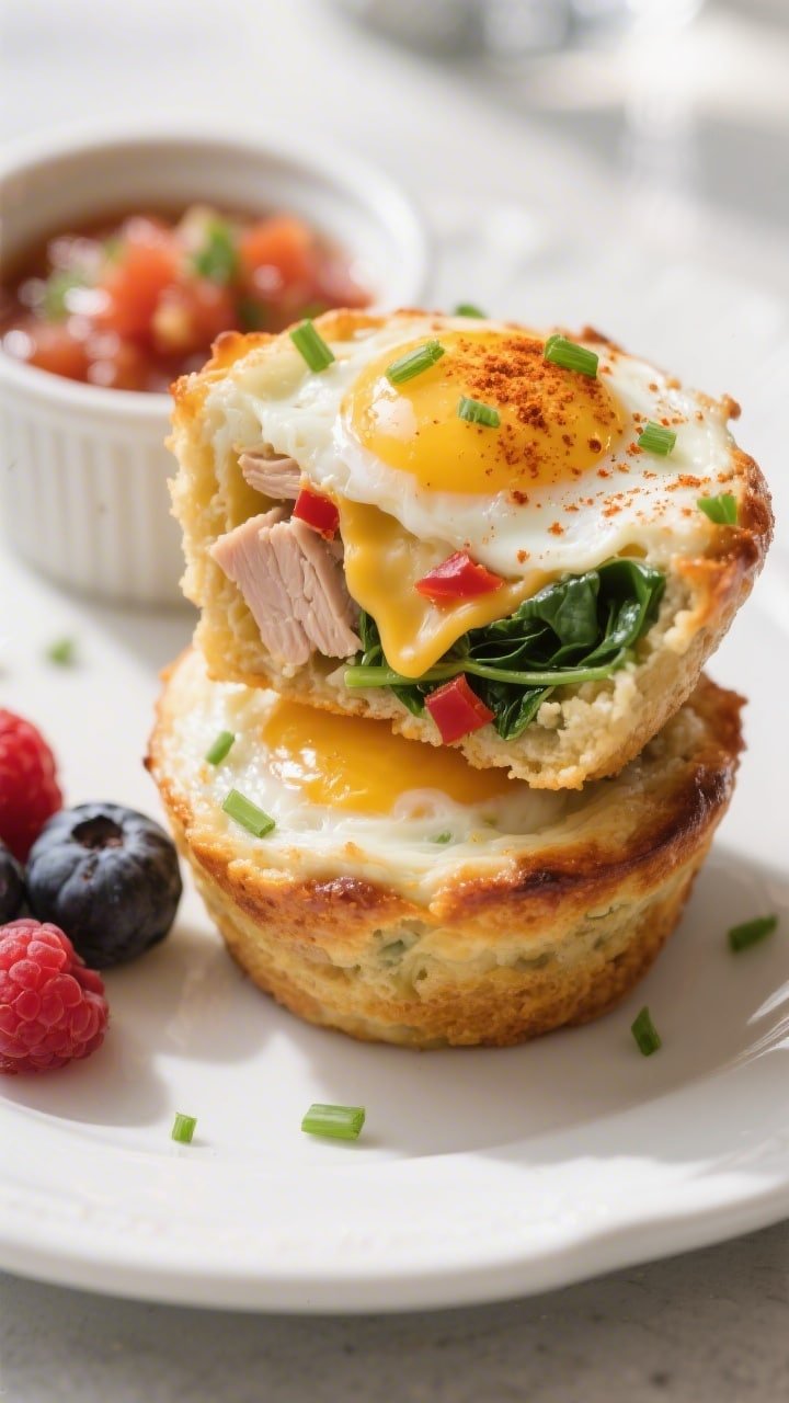 Final dish, close-up detail: Two high-protein egg and turkey muffins halved and stacked to reveal te