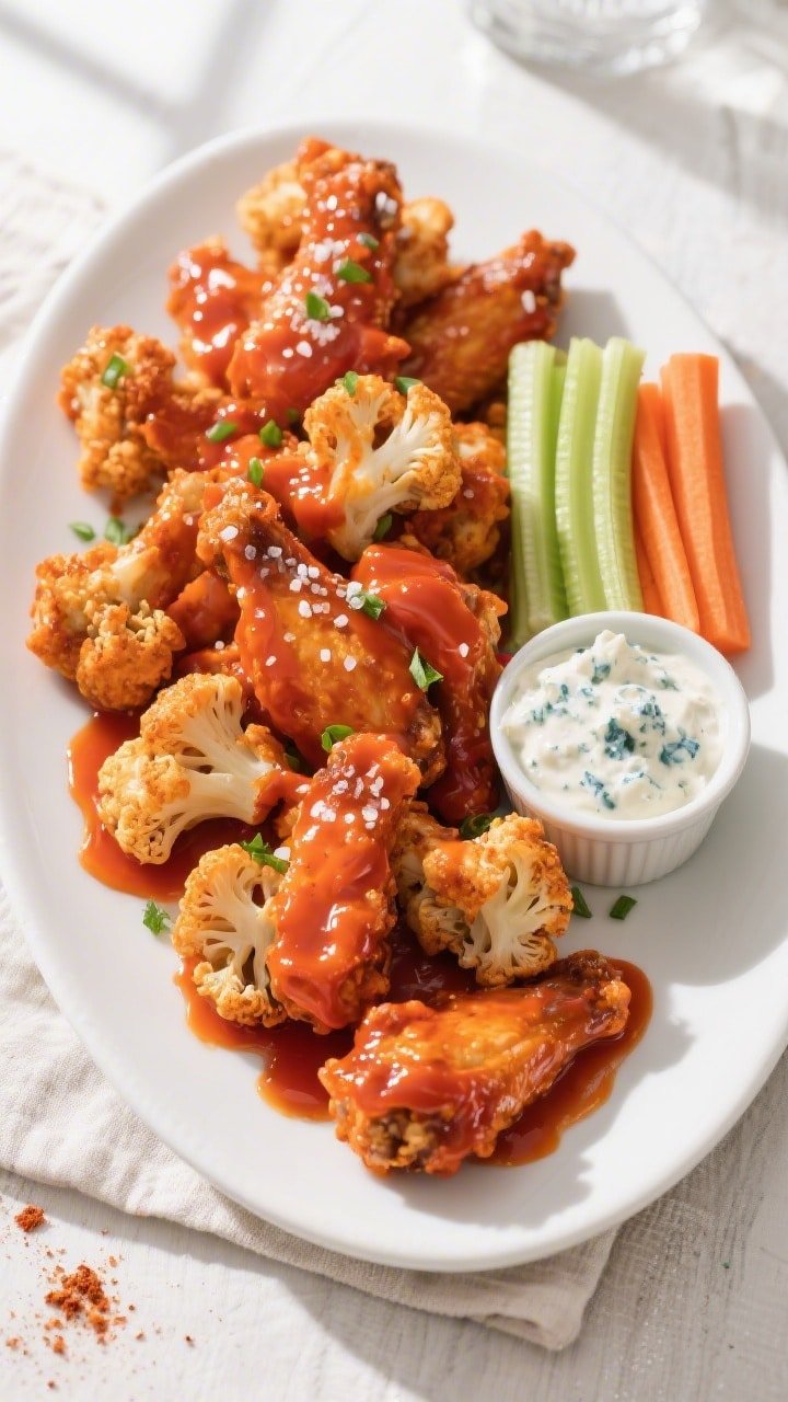 Final dish — Overhead game-day platter: Tasty top view of buffalo-glazed gluten-free cauliflower w