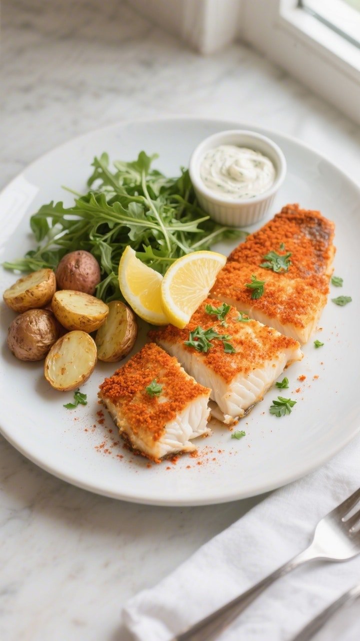 Final dish, overhead presentation: Overhead shot of crispy paprika air fryer white fish plated on a 