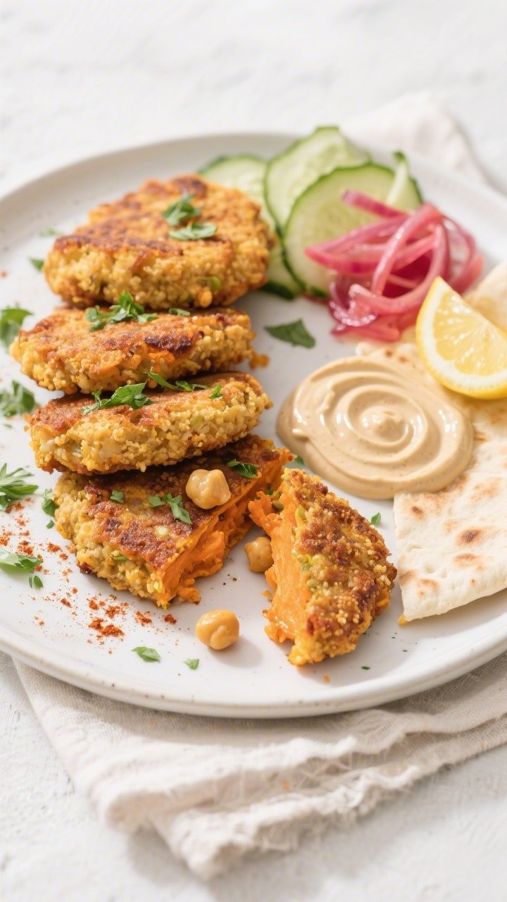 Final dish, : Overhead shot of a vibrant pita platter featuring crisp air-fried sweet potato–chick