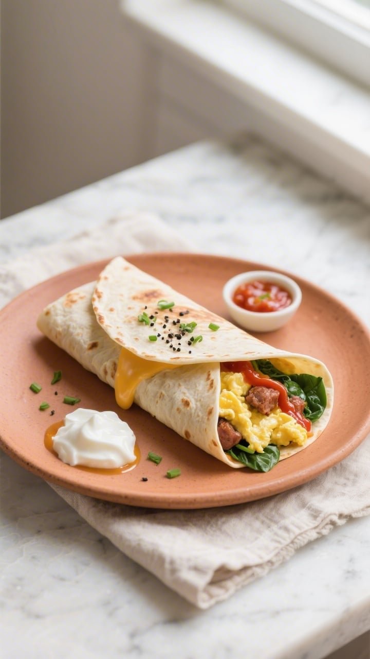 Final dish overhead: Sliced air fryer breakfast wrap (burrito-style) on a warm-toned ceramic plate,