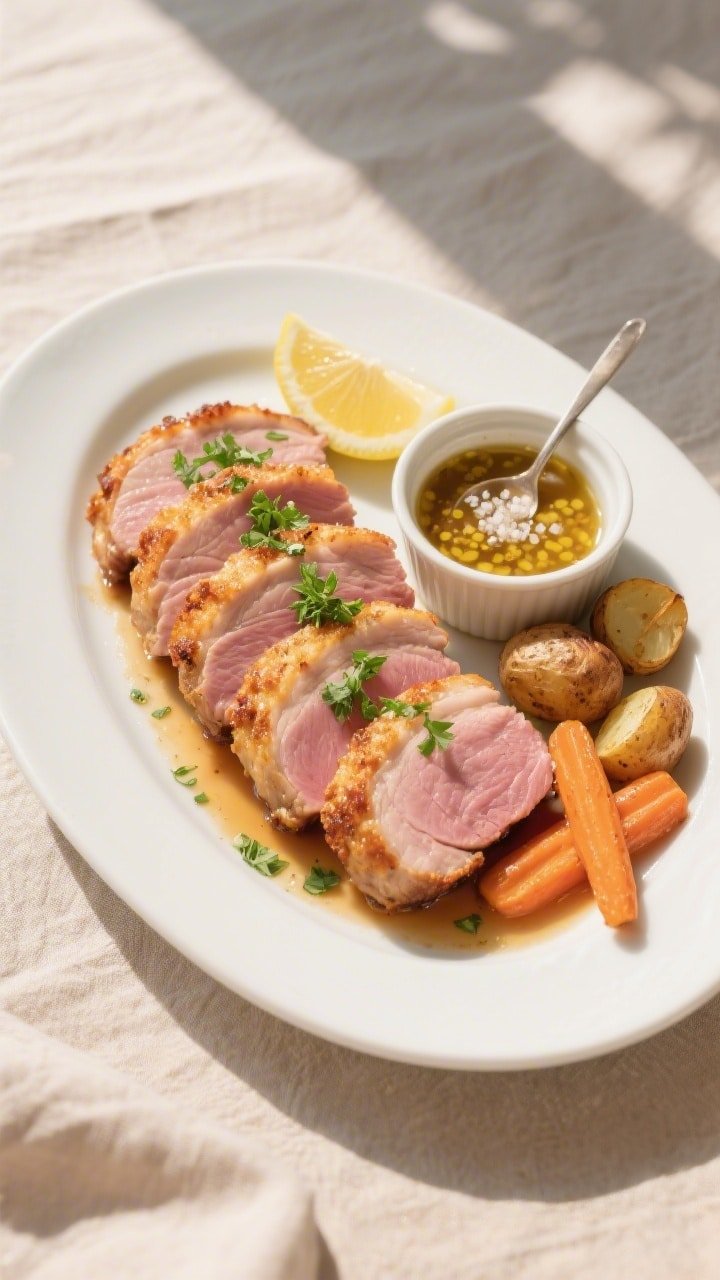 Final dish, overhead top view: Sliced air-fried pork loin fanned into neat 1/2-inch slices on a matt