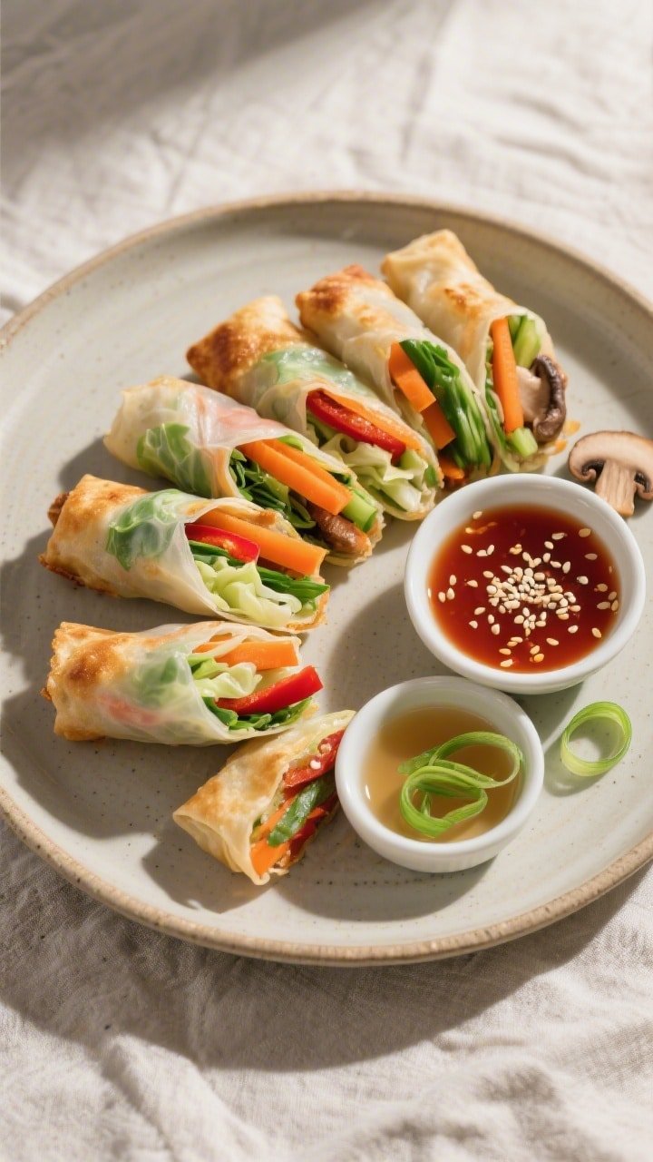 Final dish, tasty top view: Overhead shot of a platter of air fryer veggie spring rolls sliced on th