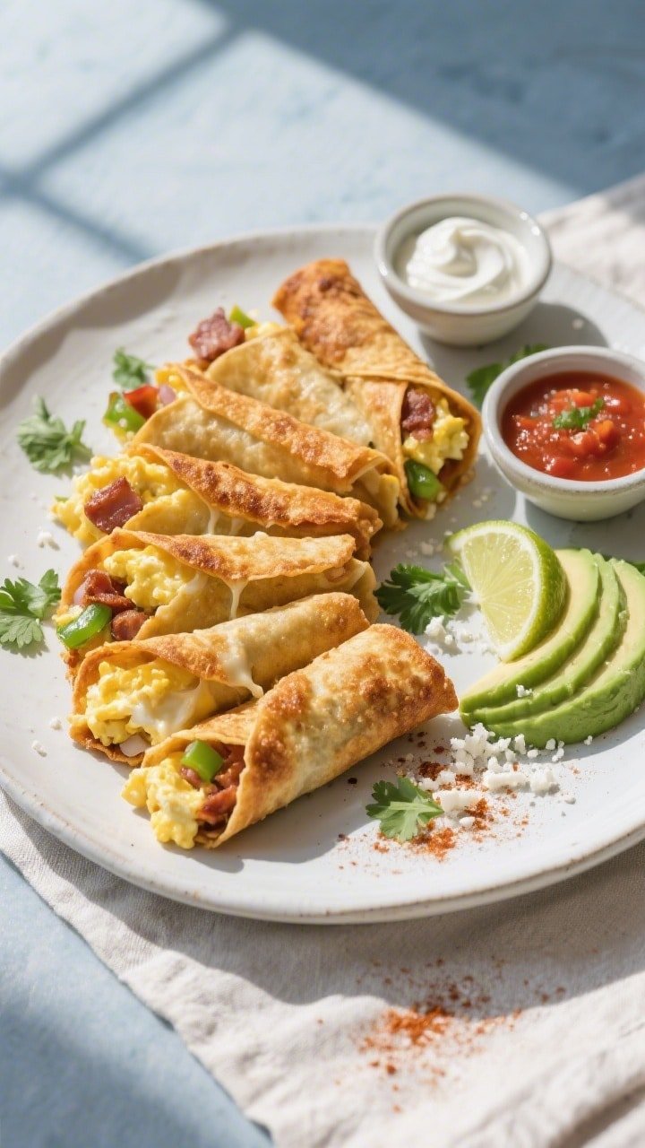 Final dish, tasty top view: Overhead shot of a plate of crispy breakfast taquitos arranged in a tigh