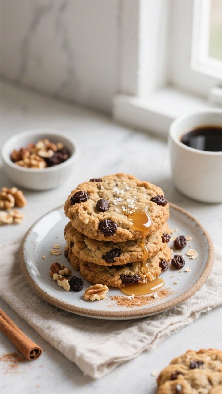 Final dish, tasty top view: Overhead shot of a rustic ceramic plate stacked with warm air fryer oatm