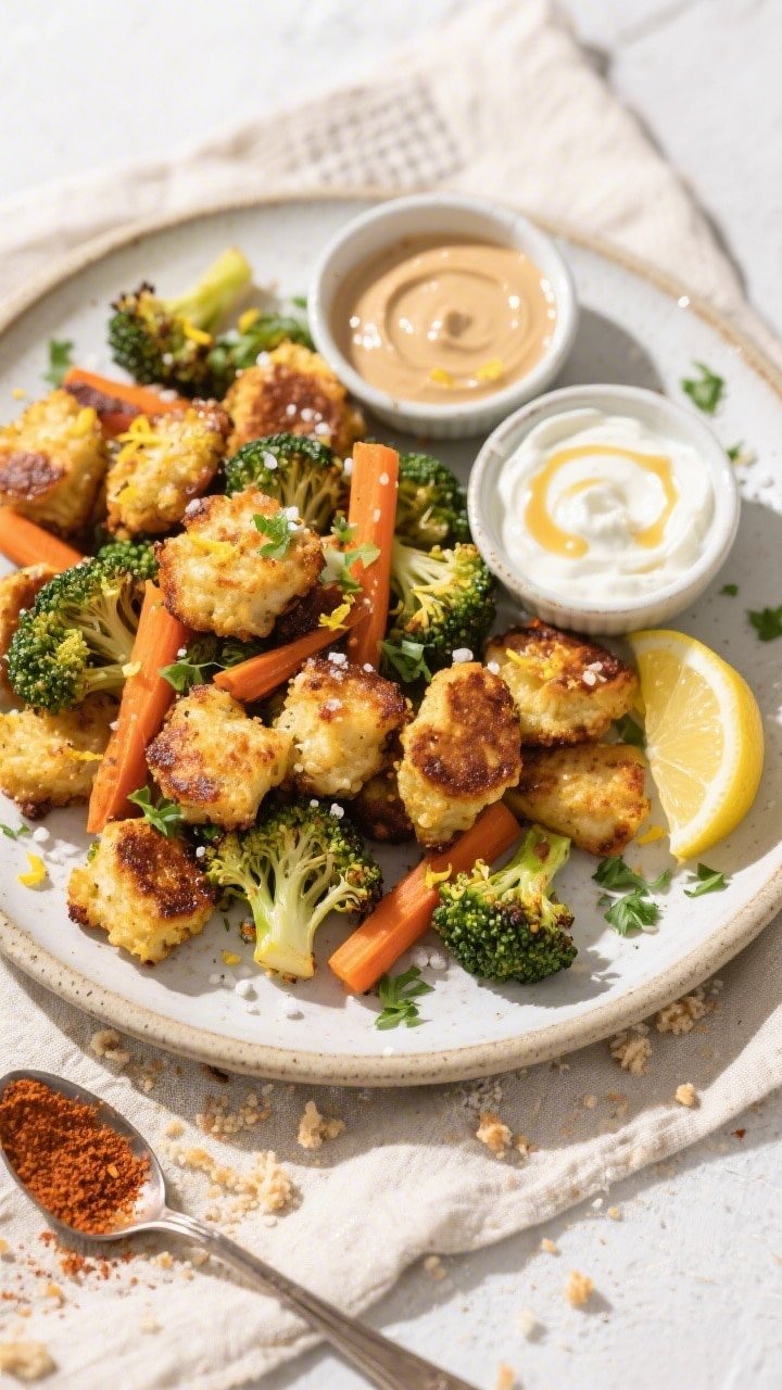 Final dish, tasty top view: Overhead shot of a stoneware platter piled with perfectly golden broccol