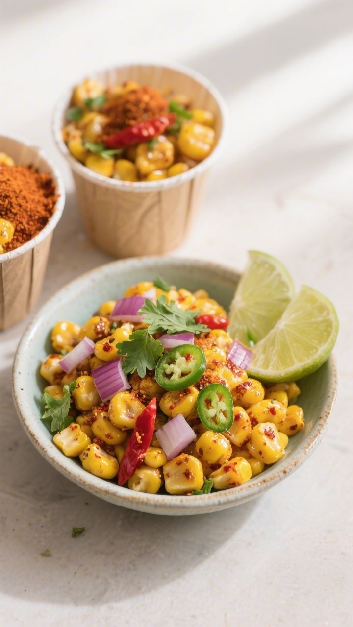 Final dish, tasty top view: Overhead shot of Air Fryer Masala Corn served street-style in small pape