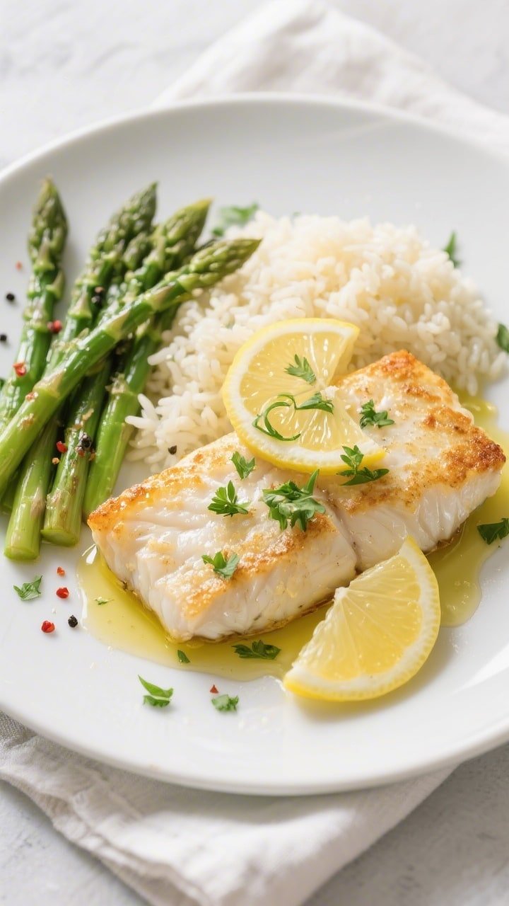 Final dish, tasty top view: Overhead shot of air-fried lemon-garlic white fish plated on a matte whi