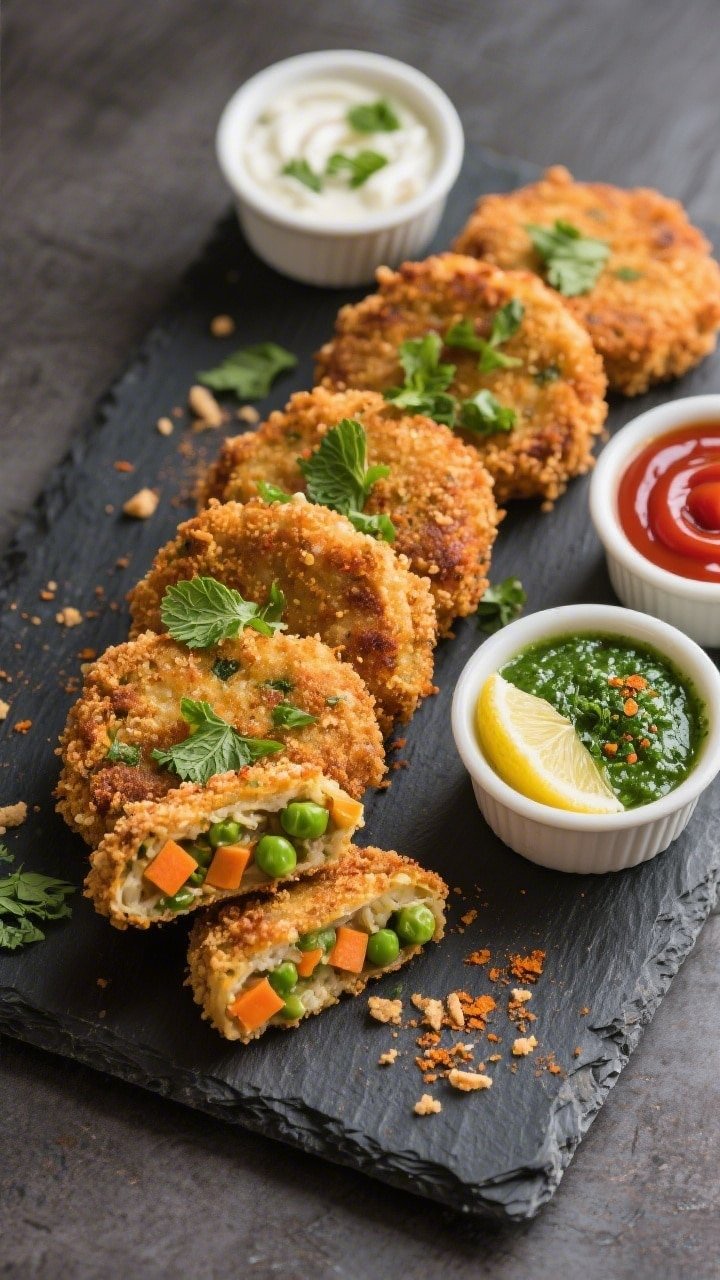 Final dish, tasty top view: Overhead shot of air-fried mixed veg cutlets plated on a dark slate plat