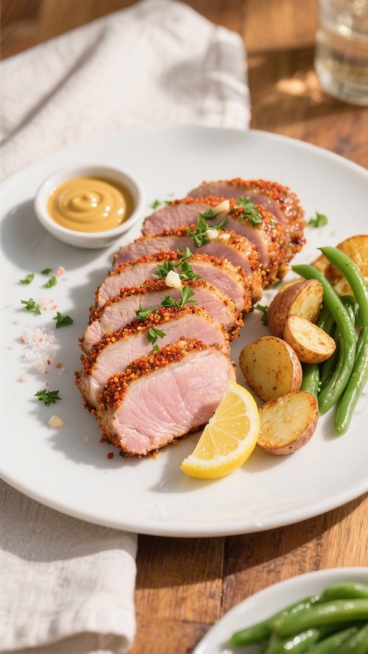 Final dish, tasty top view: Overhead shot of perfectly cooked pork loin sliced into 1/2-inch medalli