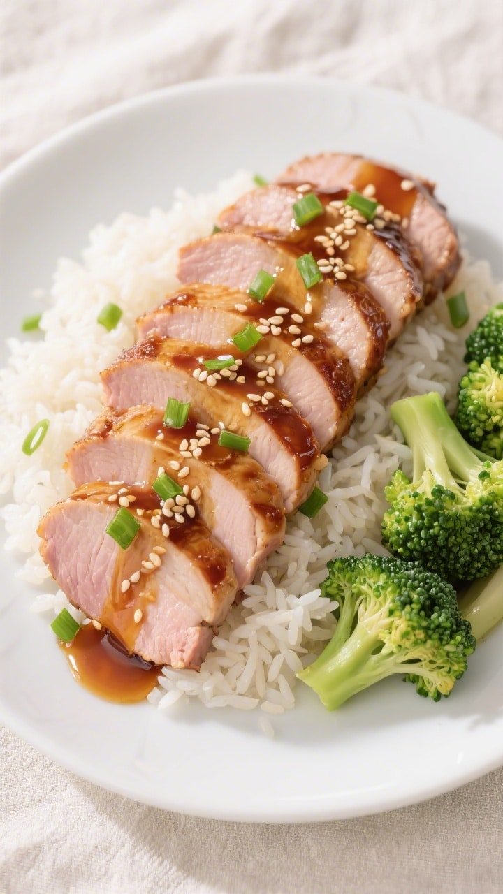 Final dish, tasty top view: Overhead shot of sliced honey garlic pork tenderloin arranged in a neat