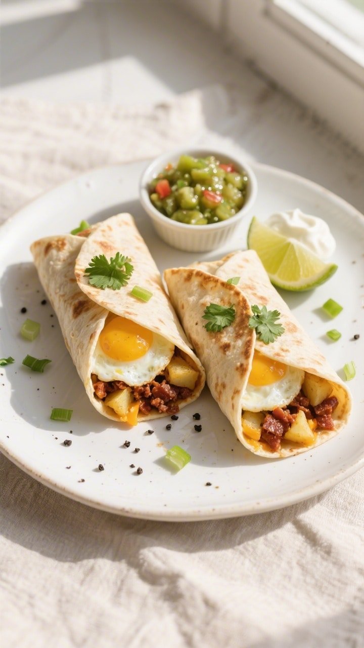 Final dish, tasty top view: Overhead shot of two halved crispy air fryer breakfast burritos on a whi