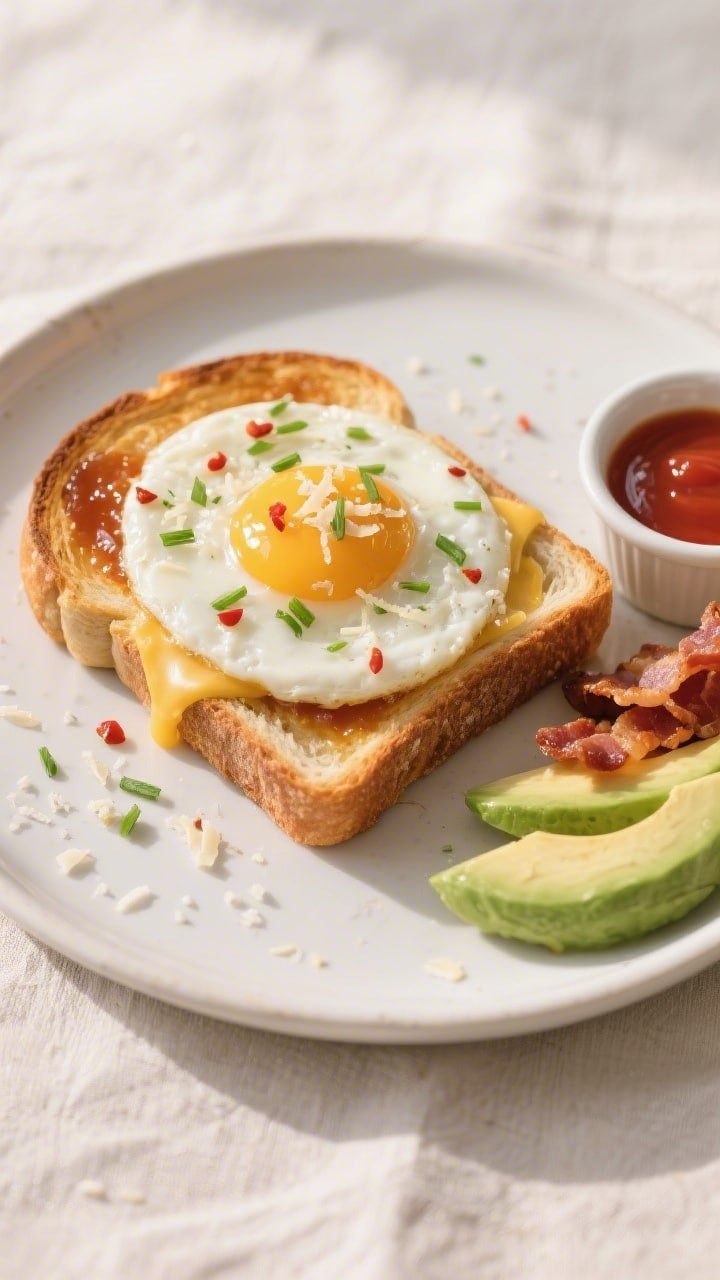 Final plated beauty shot: Perfectly cooked air fryer egg-in-toast with jammy yolk on a matte white p