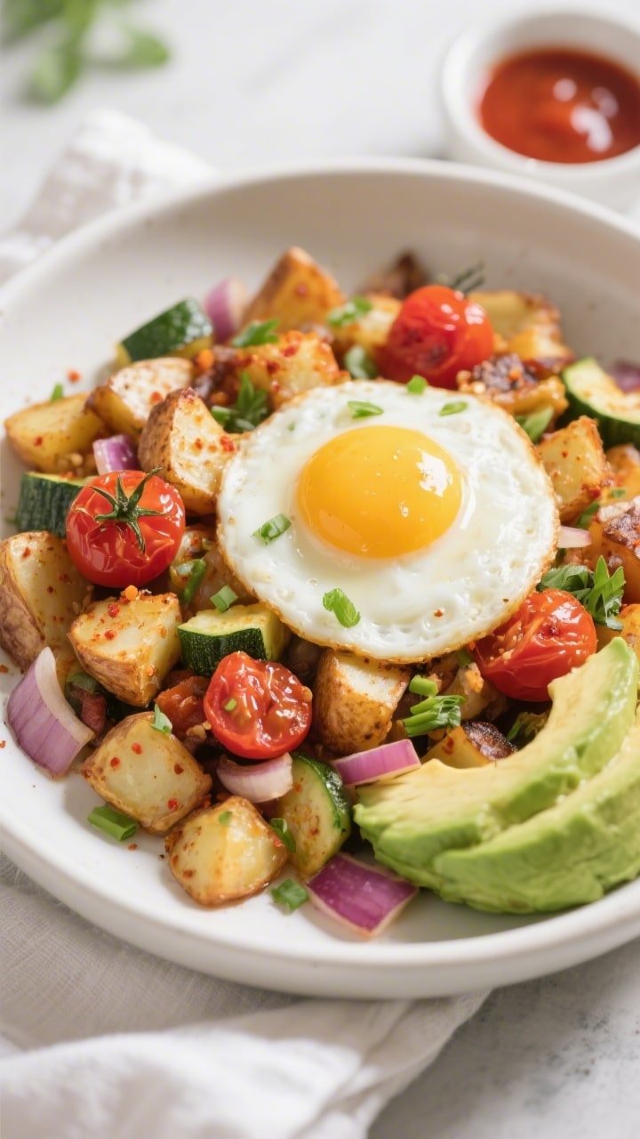Final plated dish, close-up: Air Fryer Breakfast Veggie Hash plated in a shallow white ceramic bowl,