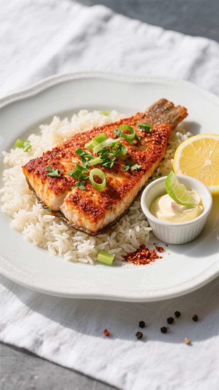 Final plated overhead: Beautifully plated Cajun air fryer grouper on a white ceramic plate over a be