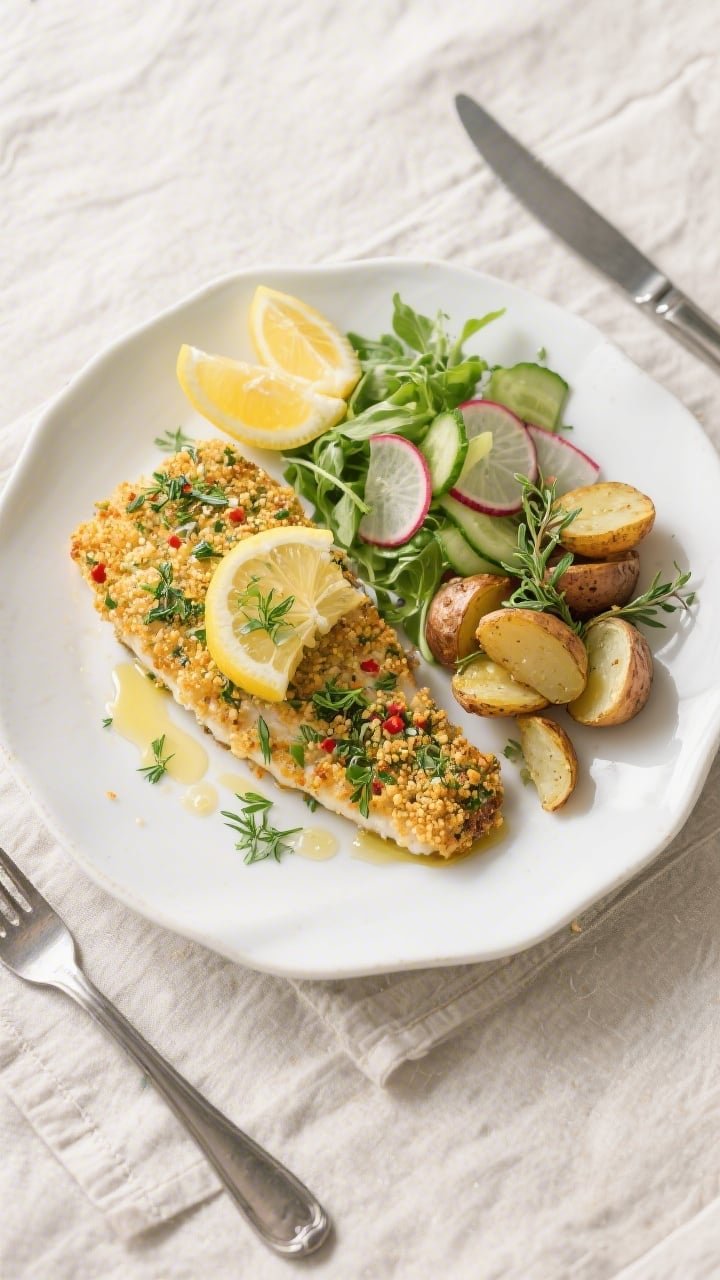 Final plated overhead: Beautifully plated herb crusted air fryer cod on a white ceramic plate, crumb