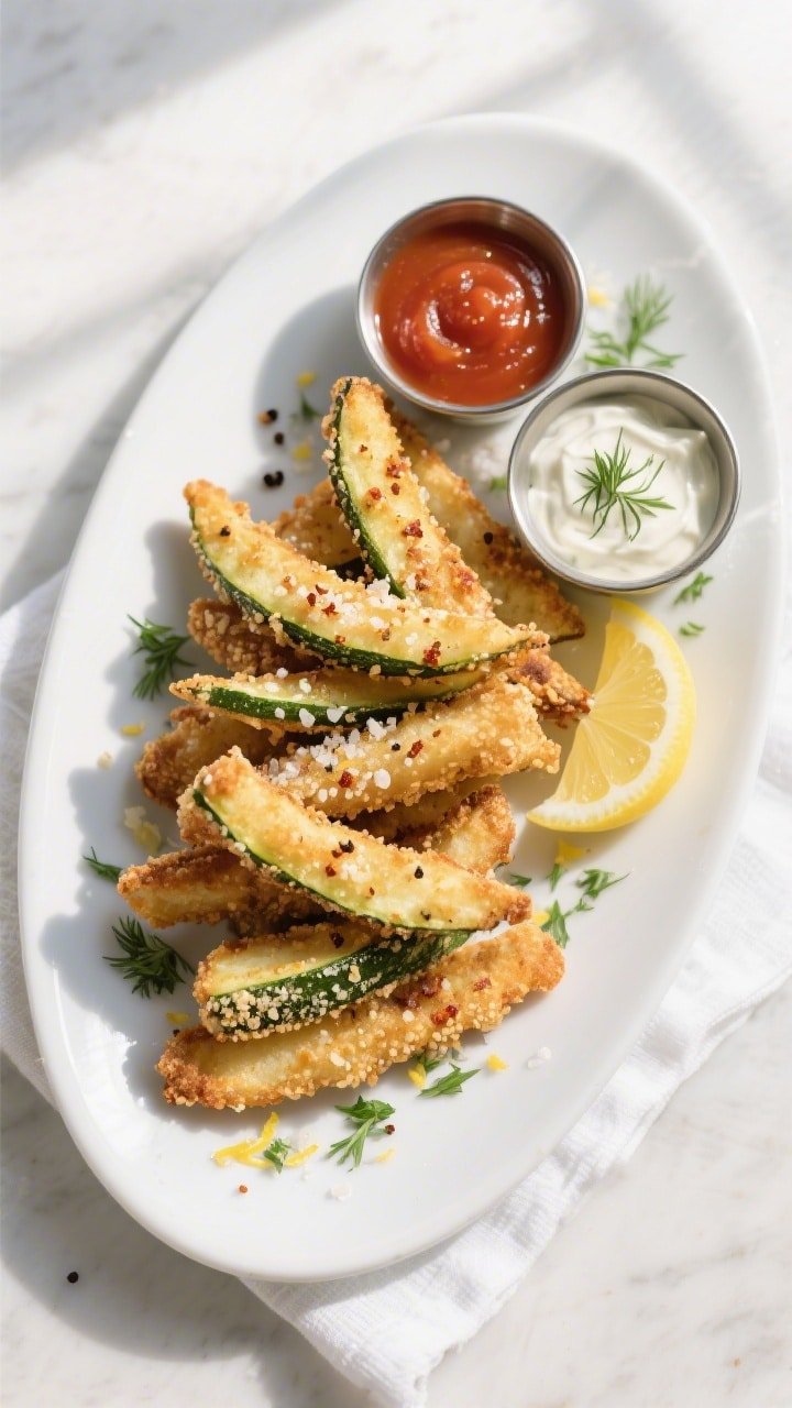 Final plated overhead: Crispy air-fried zucchini fries stacked on a white oval platter, glistening c