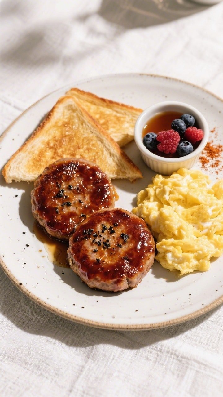 Final plated overhead: Maple-glazed breakfast sausage patties, deep mahogany glaze with glossy highl