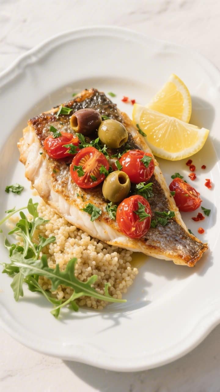 Final plated overhead: Mediterranean air fryer hake on a white ceramic plate, fillets flaky and opaq
