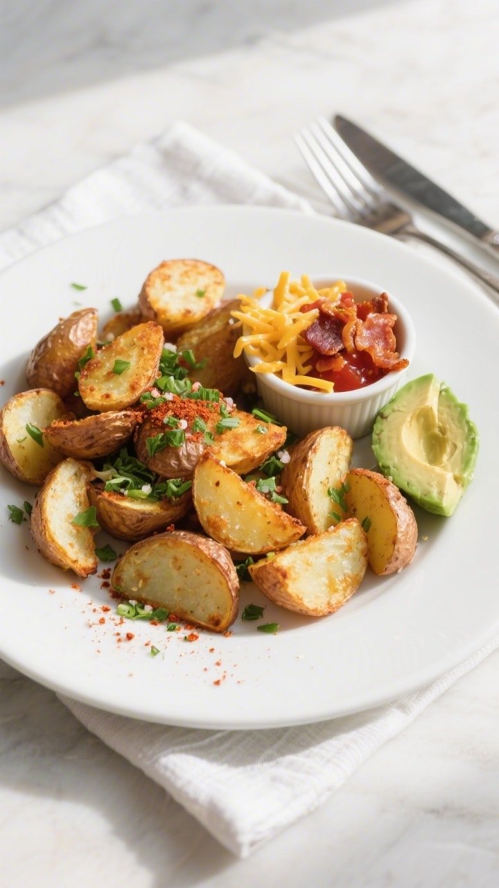 Final plated overhead: Restaurant-quality breakfast plate of air-fried breakfast potatoes—deep gol