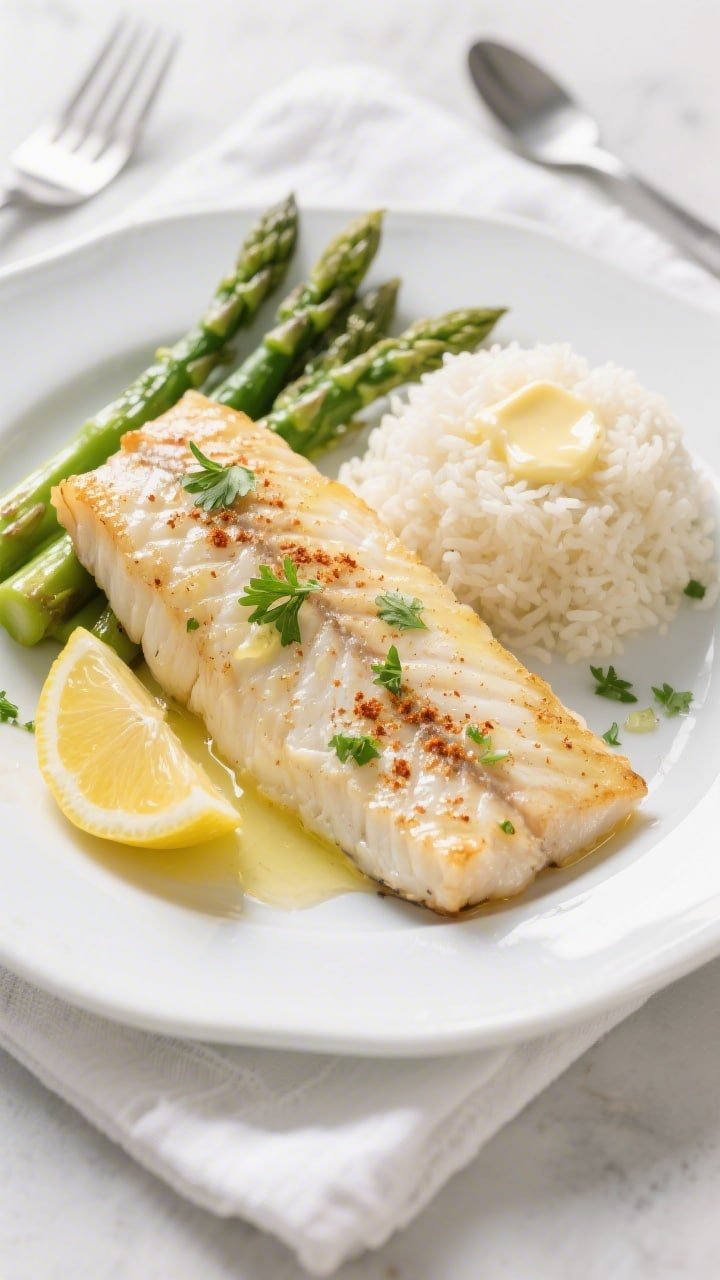 Final plated overhead: Restaurant-quality presentation of Garlic Butter Air Fryer Swai on a white ce