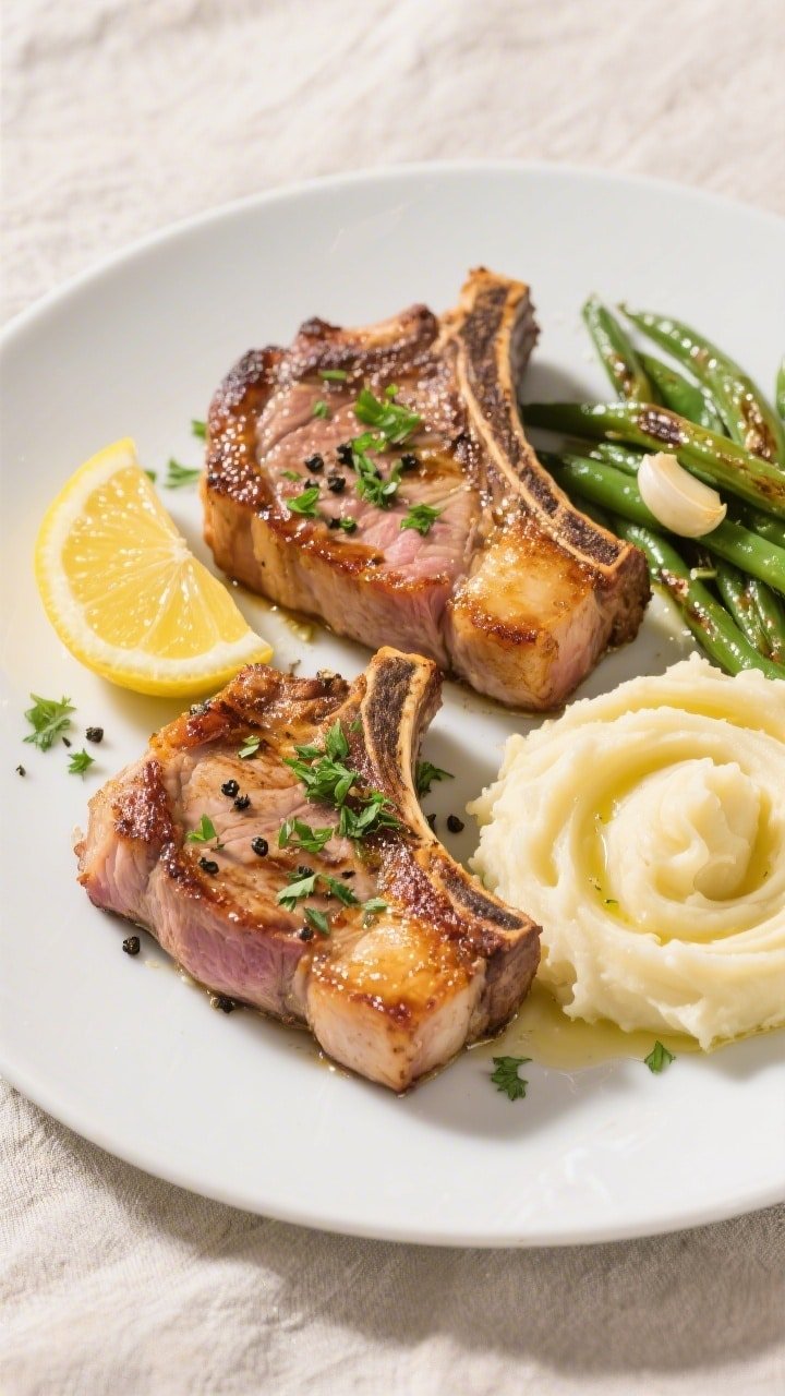 Final plated overhead: Restaurant-quality presentation of two thick pork chops with a deep golden cr