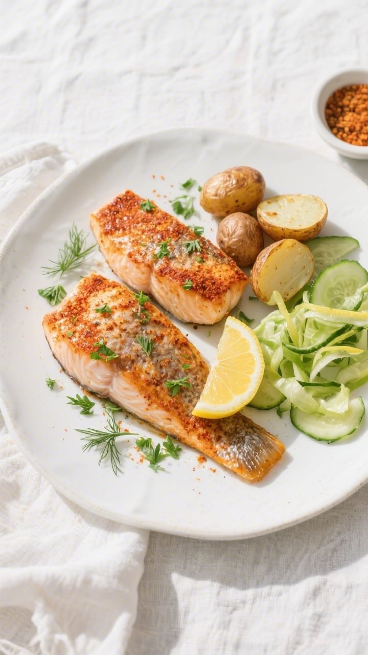 Final plated/overhead shot: Beautifully plated Simple Seasoned Air Fryer Fish on a white ceramic pla
