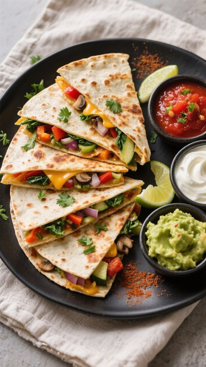 Final plated overhead shot: Sliced air fryer veggie quesadillas arranged in a fan on a matte black p