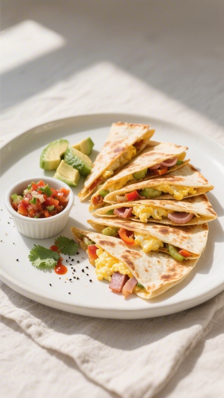 Final plated overhead: Sliced breakfast quesadilla wedges arranged in a fan on a matte white plate,
