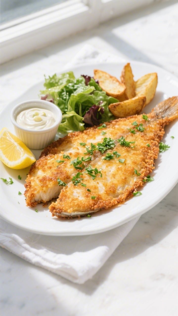 Final plated overhead: Tasty top-down shot of Crispy Air Fryer Flounder arranged in a single layer o