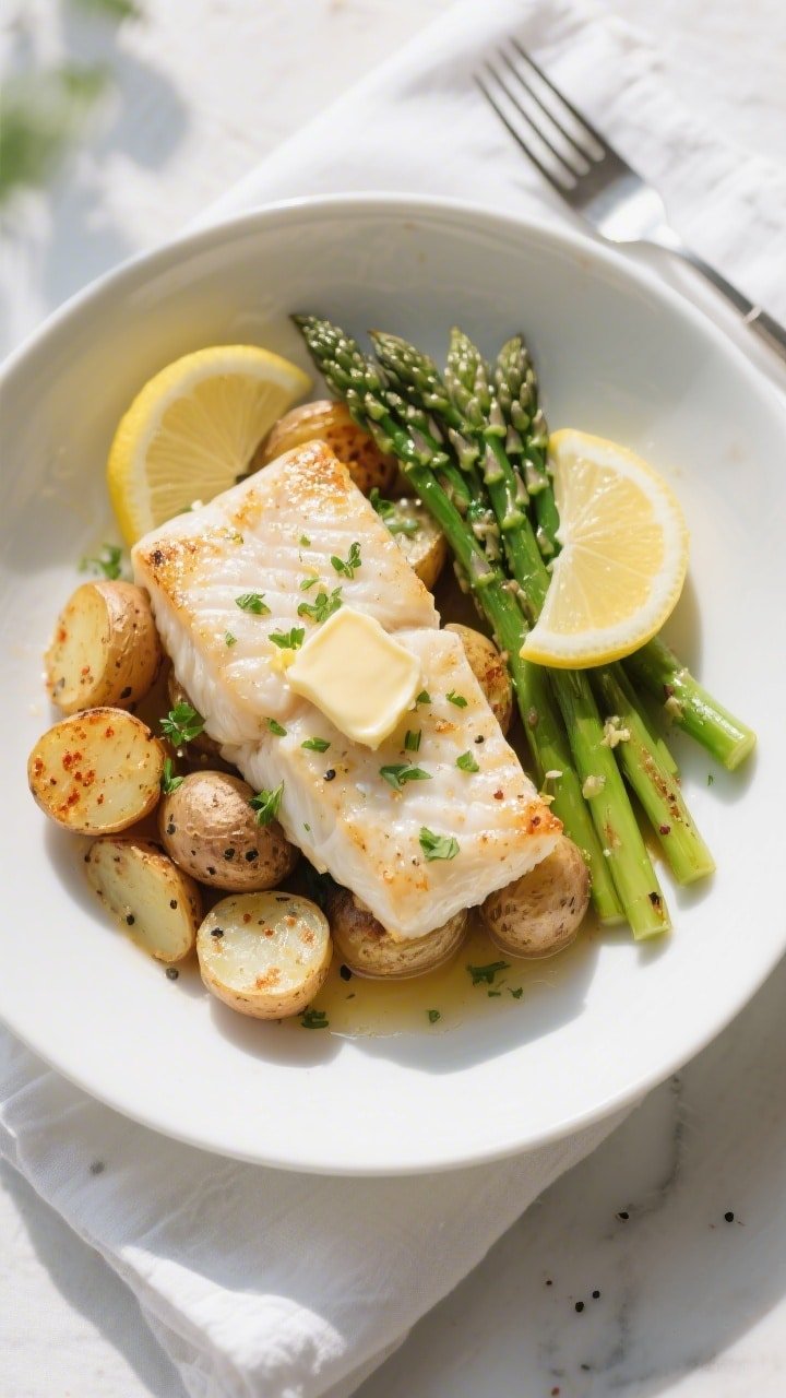 Final plated/overhead: Tasty top-down shot of Lemon Garlic Air Fryer Cod plated on a white, wide-rim