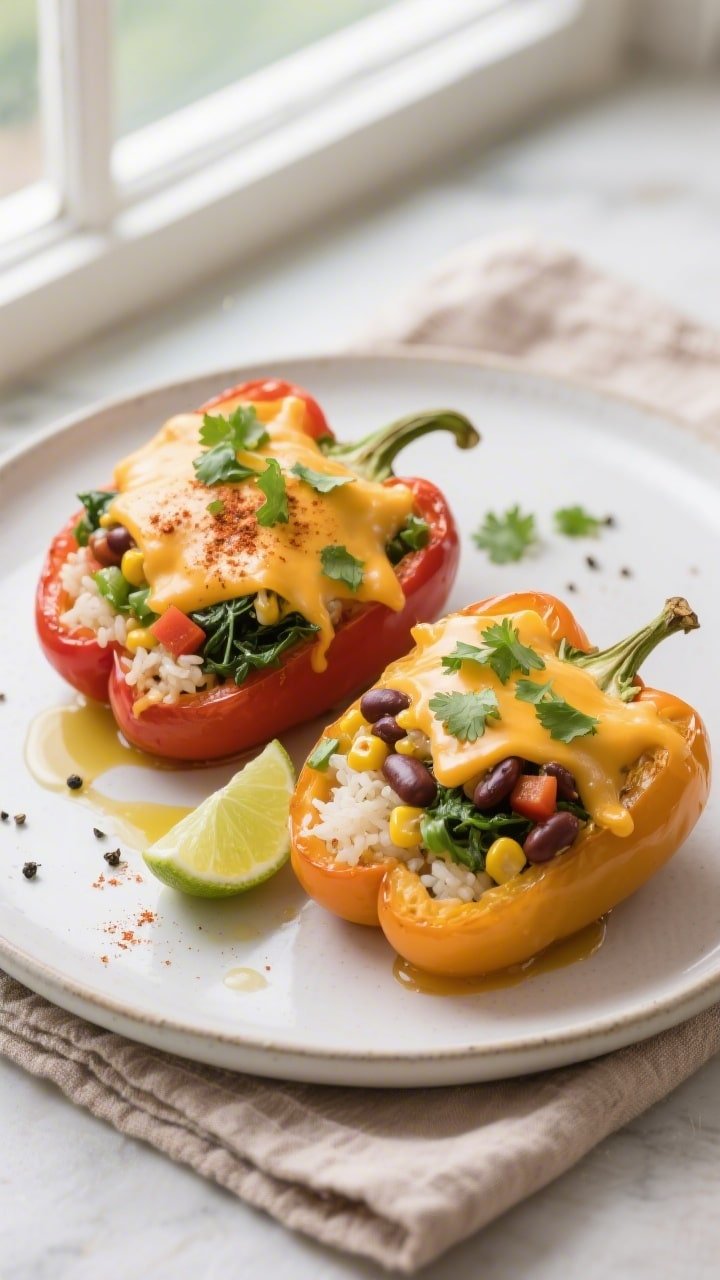 Final plated overhead: Tasty top-down shot of two air fryer stuffed bell peppers plated on a matte w