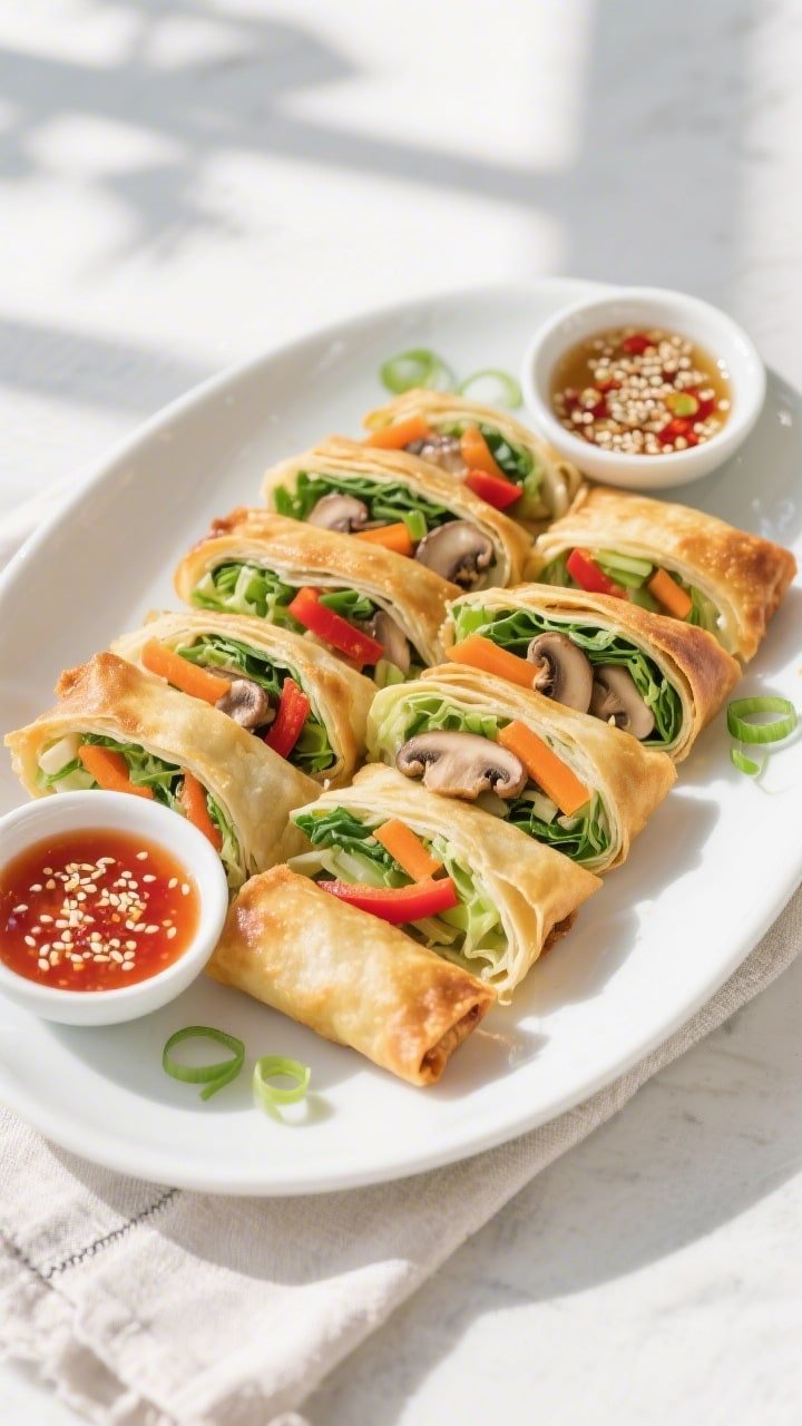 Final plated overhead: Top-down shot of a platter of air-fried vegetable egg rolls sliced on the bia