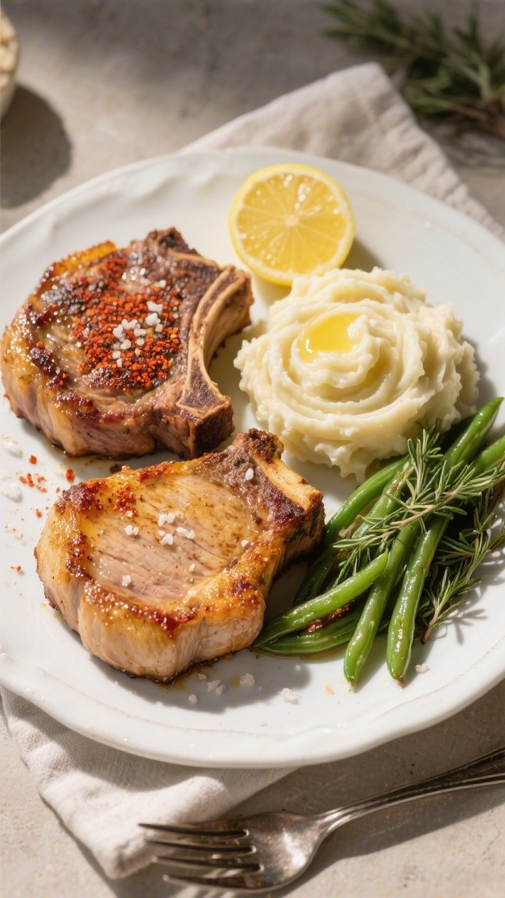 Final plated overhead: Top-down shot of two air-fried pork chops (bone-in and boneless mix) with gol