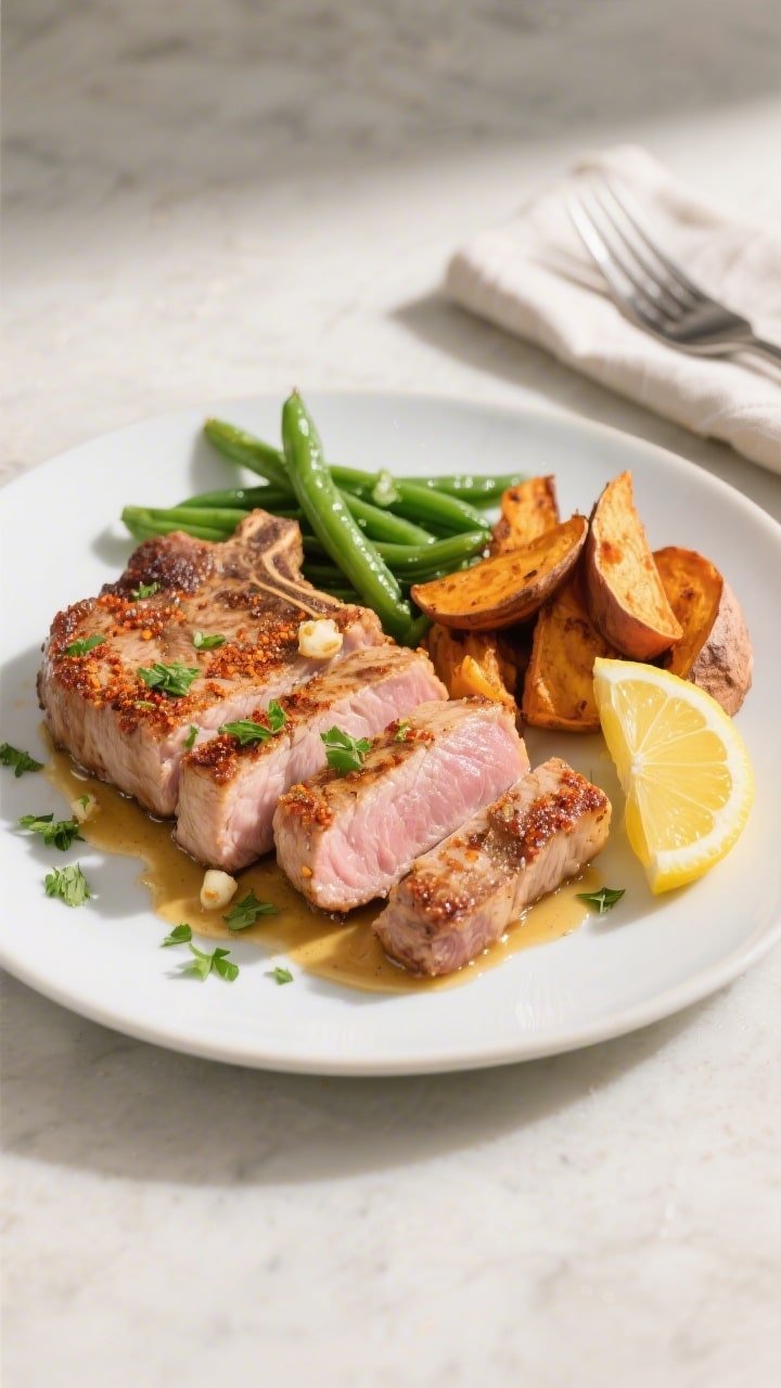 Final plated, tasty top view: Overhead shot of beautifully plated air-fried boneless pork chops (1-i