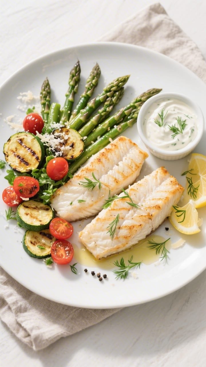 Final plated, tasty top view: Overhead shot of Healthy Air Fryer Fish with Veggies plated on a matte