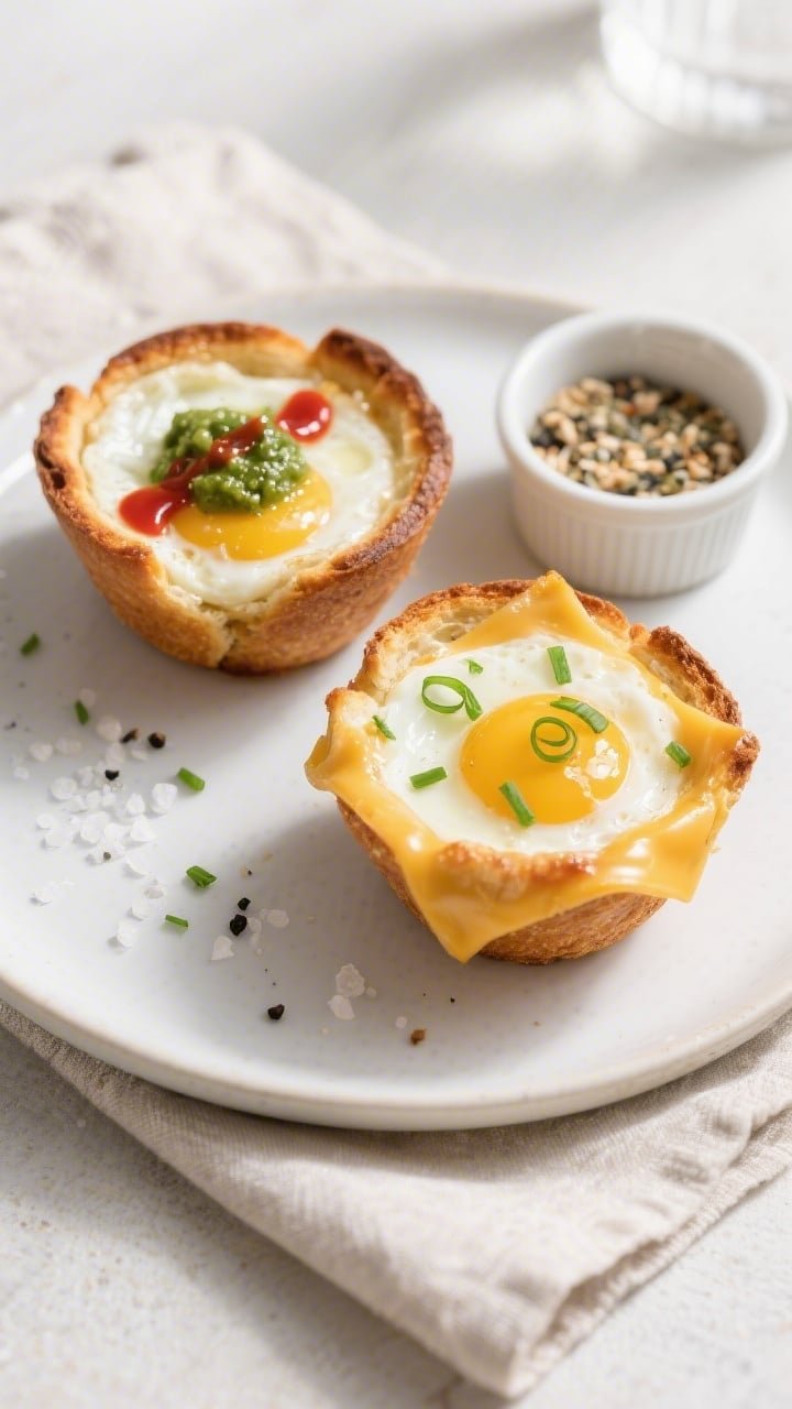Final plated, tasty top view: Overhead shot of two Easy Air Fryer Egg and Cheese Toast Cups on a mat