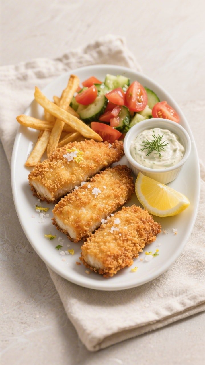 Final plated top-down: Overhead shot of crispy classic air fryer fish fillets arranged on a matte wh