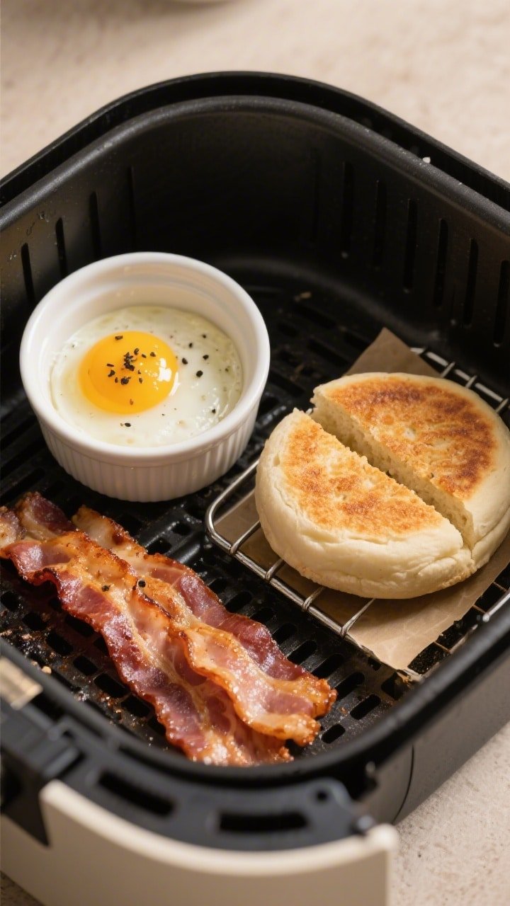 Overhead cooking-process shot inside an air fryer basket: bacon in a neat single layer at mid-cook s