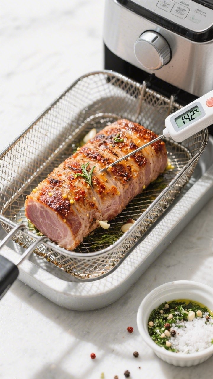 Overhead cooking-process shot of a single pork tenderloin in an open air fryer basket at the flip st