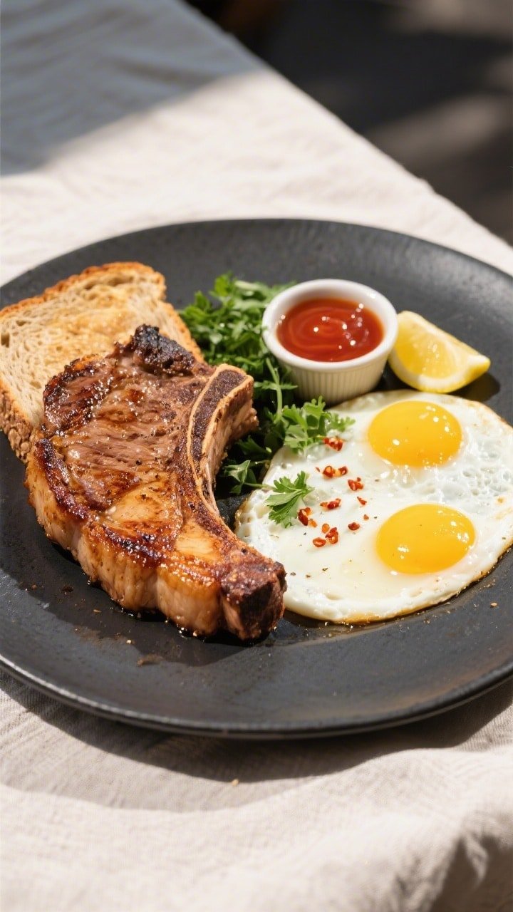 Overhead final plate: diner-worthy breakfast of a juicy air-fried pork chop (1-inch thick, bronzed c