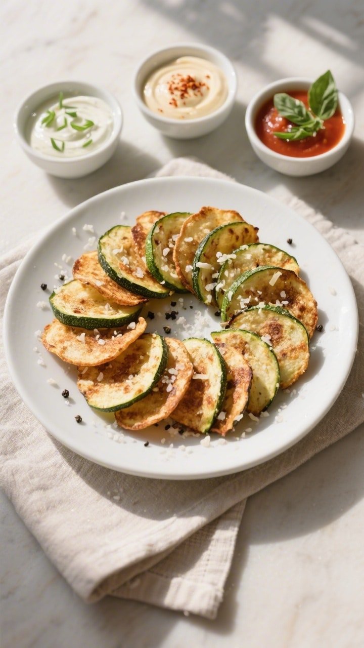 Overhead final presentation: A restaurant-quality platter of keto zucchini chips arranged in a tight
